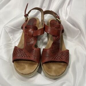 Pikolinos Leather Sandals Wedge Slingback Open Toe Adjustable Burgundy /Wine 7.5